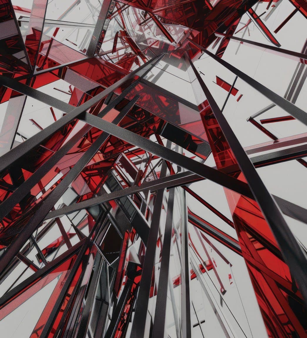 Abstract steel and glass structure in red and graphite